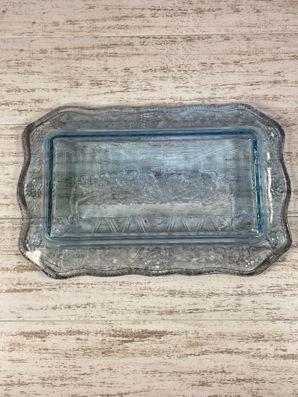Vintage Tiara Exclusives Indiana Glass Last Supper Blue Bread Tray Platter 11x7 - Picture 5 of 8